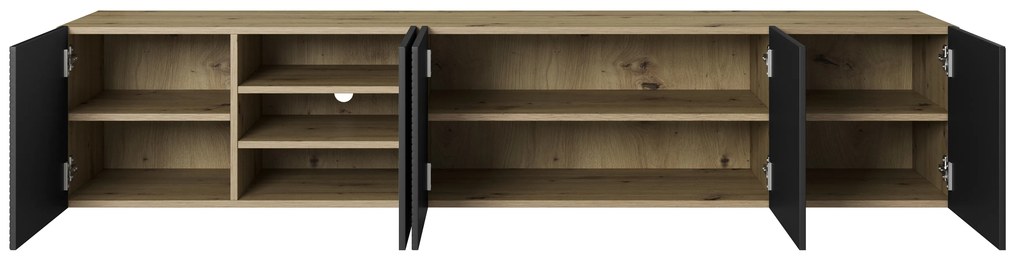 Asha fali szekrény 200 cm, bordázott előlap és nyitott rekesz - artisan / fekete matt