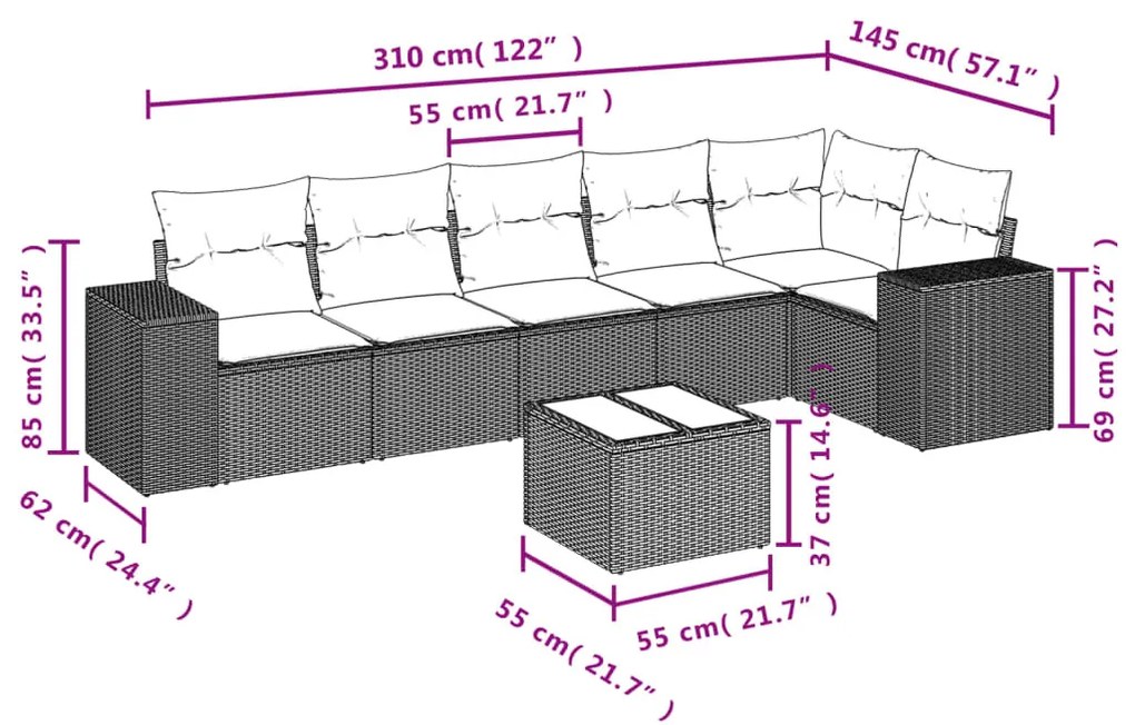 7 részes bézs polyrattan kerti ülőgarnitúra párnákkal