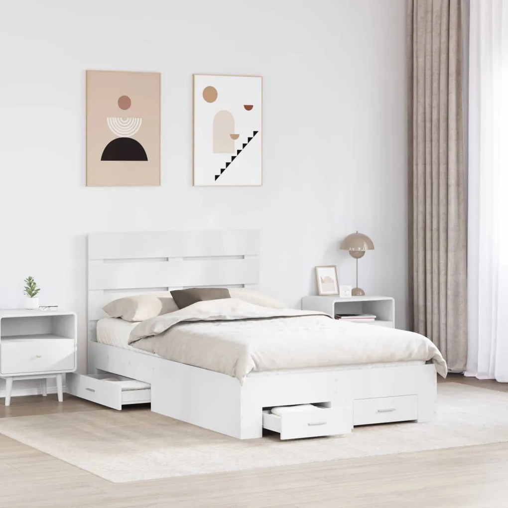 vidaXL Ágykeret fiókkal fejtámlával Fehér 135 x 190 cm Faanyag