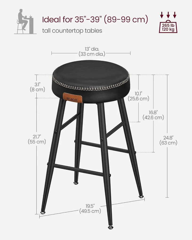 ECHO Bárszék 2 db, varrott műbőr borítás, 63 cm magas, fekete