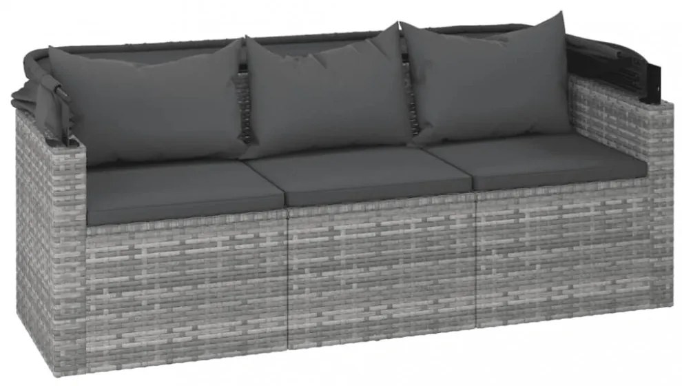 3-személyes szürke polyrattan kanapé tetővel és lábtartóval