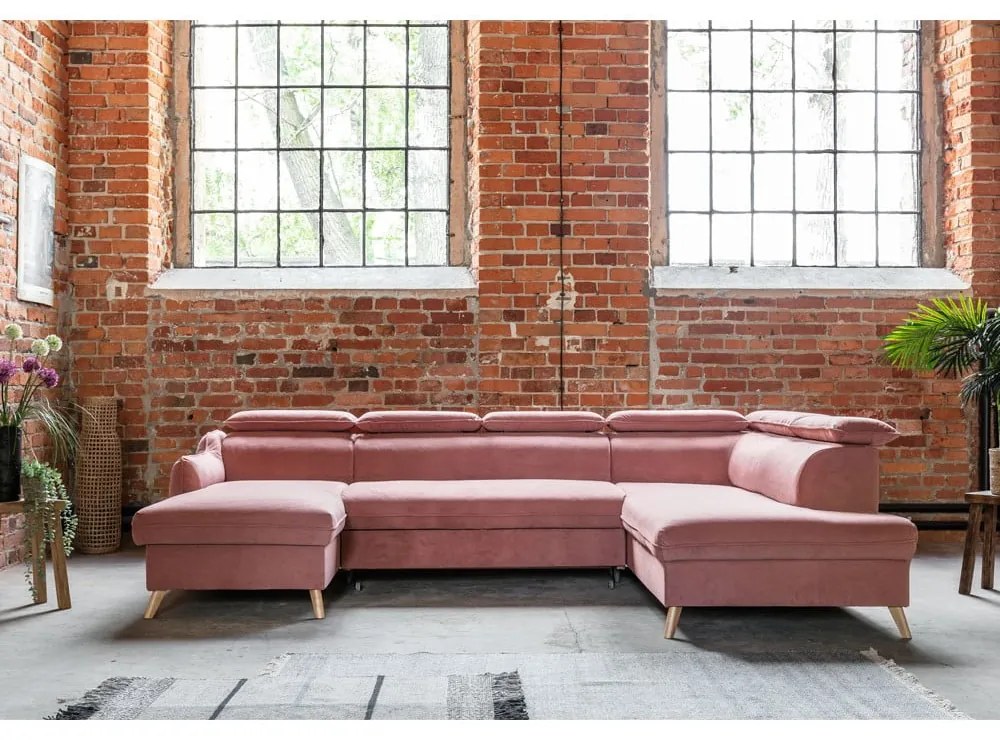 Világos rózsaszín bársony kinyitható sarokkanapé (jobb oldali-"U" alakú) Sweet Harmony – Miuform