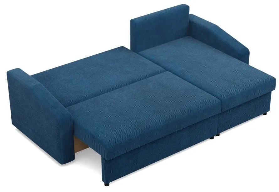 Zeus sarokkanapé, 1 ágyneműtartóval, döntött kartámasz, kordbársony, univerzális oldal, hab töltet, kék