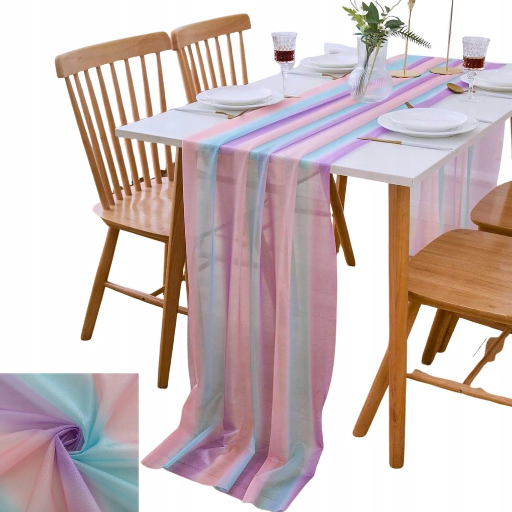 Asztali Futófelület 4 Méter 70CM Széles Finom Szivárvány Chiffon Többszínű