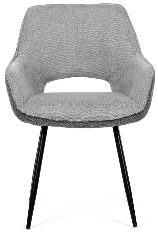 Scaun de sufragerie modern, în stil industrial, tapițerie din material gri, picioare din metal negru.