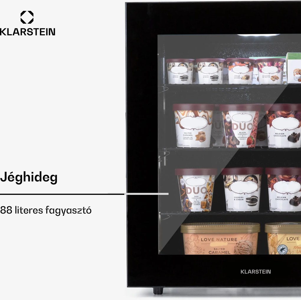 Klarstein IceAge 88, fagyasztó, 88 l, E energiahatékonysági osztály, 2 emelet, termosztát, üveg elülső részlap