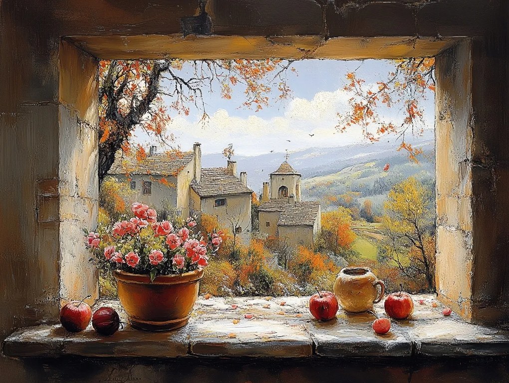 Vászonkép Canvas Ablak Terasz Kilátás Nyár Tájkép Hegyek Város 80x60