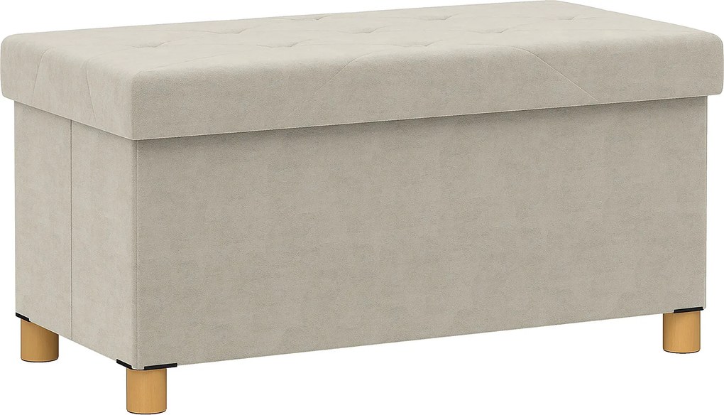 HOMCOM Összecsukható Tároló Puff 67L, Puff Párnázott Tetővel és Bársonyos Borítással, 76x38x38cm, Krémfehér | Aosom