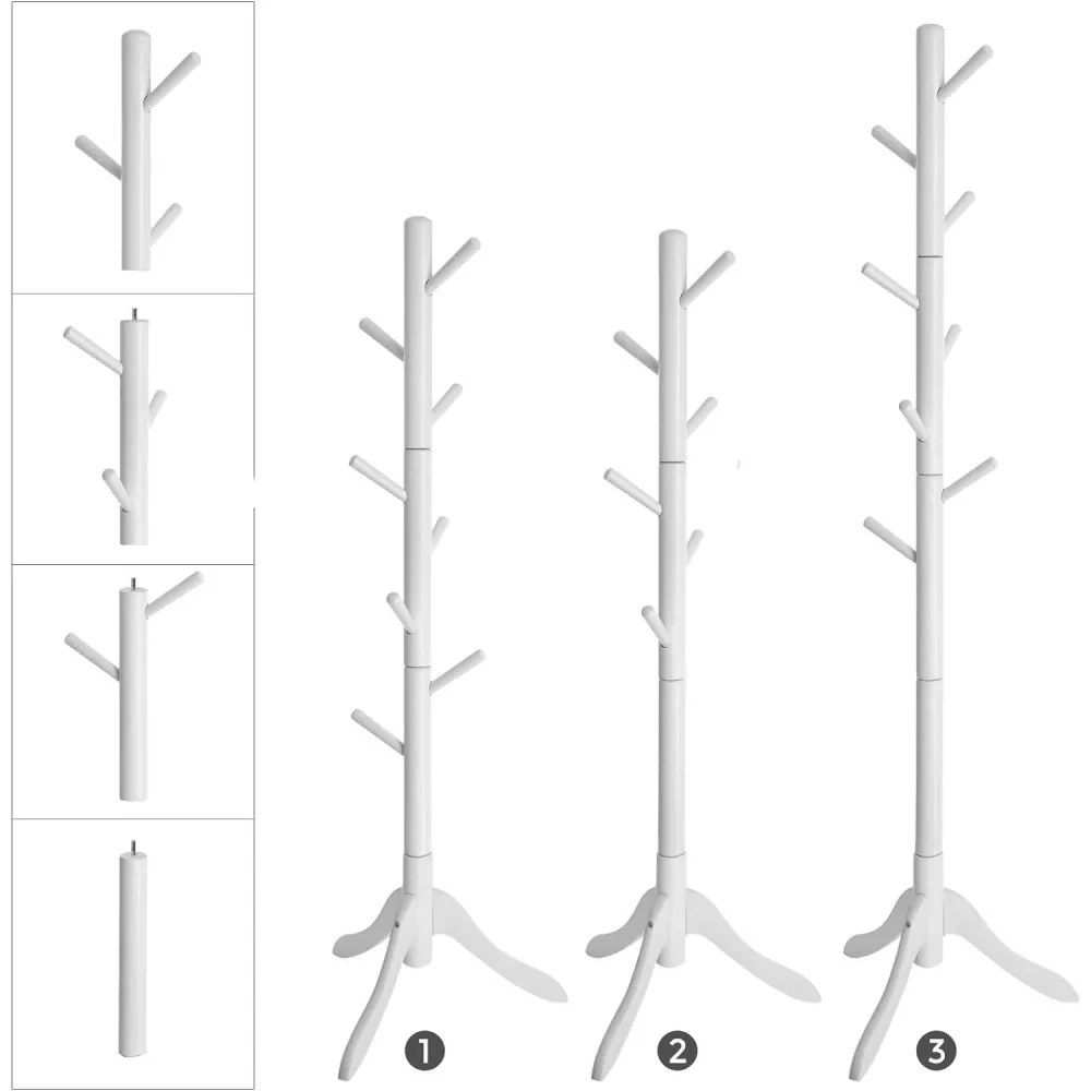 Álló ruhafogas fa 8 akasztóval, ívelt lábakkal, fehér