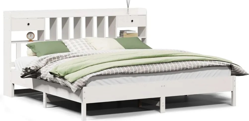 vidaXL fehér tömör fenyőfa könyvespolcos ágy matrac nélkül 180x200 cm