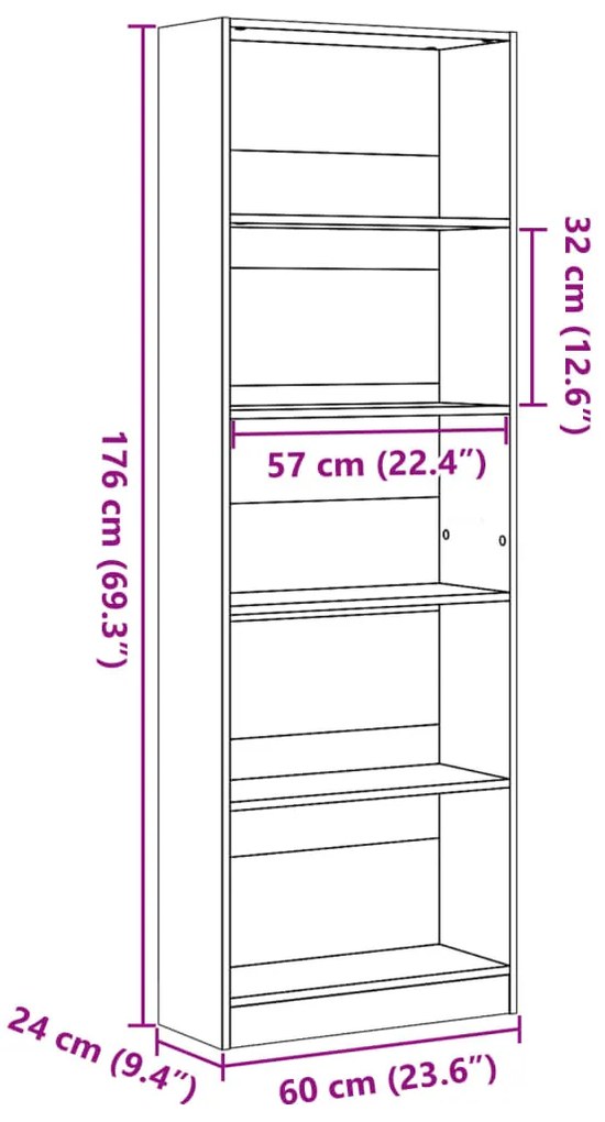 füstös tölgy színű szerelt fa könyvszekrény 60 x 24 x 176 cm