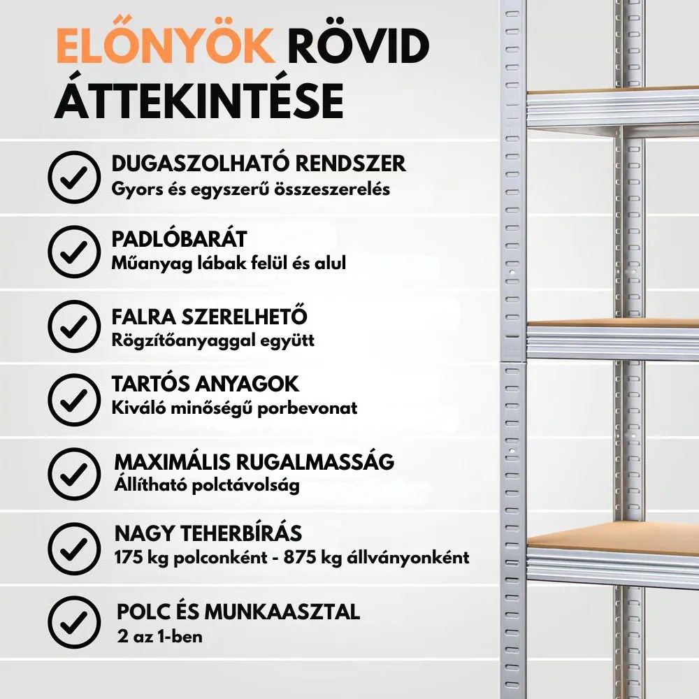 HEAVY nagy teherbírású polc, max. 875kg, 90x40x180cm, ezüst Jurhan