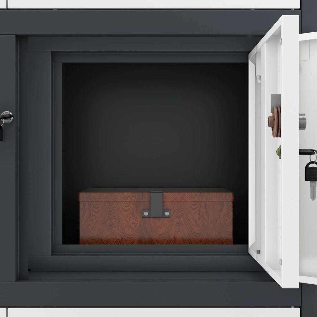 Fém irodai szekrény széffel és fiókokkal, antracit-fehér, 900x1850x400 mm: FILIP II