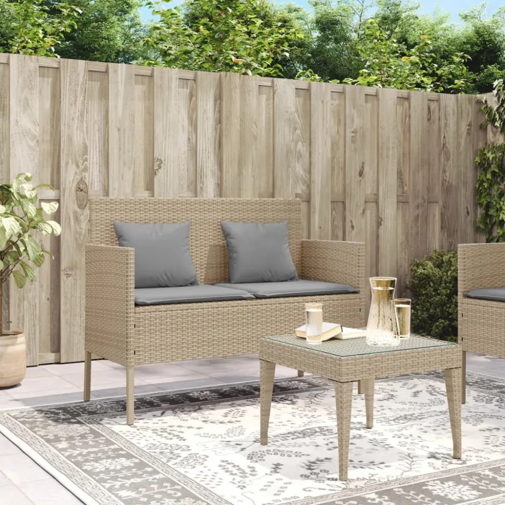 bézs polyrattan kerti pad párnákkal