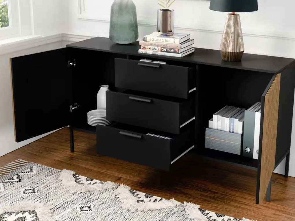 Komód MEORATI 150x40 cm, fekete/tölgy artisan