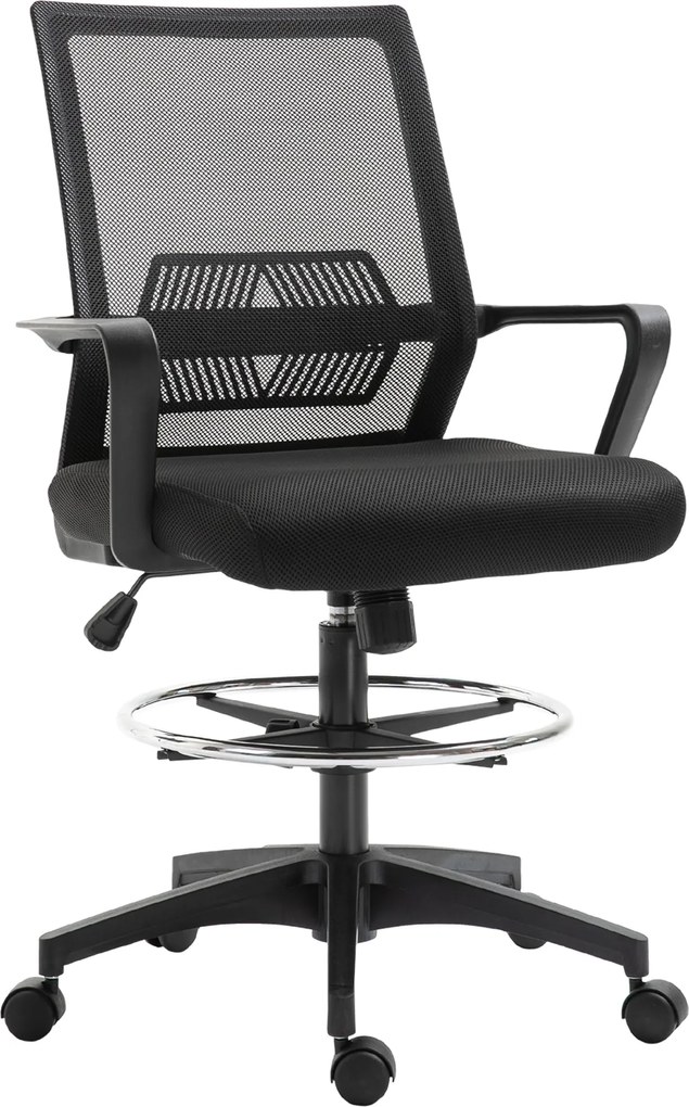 Vinsetto Ergonomikus Irodai Szék Állítható Lábgyűrűvel, Deréktámasz, Magasságban Állítható Forgószék Háló Üléssel, Rajzolószék Ringató Funkcióval, Fek