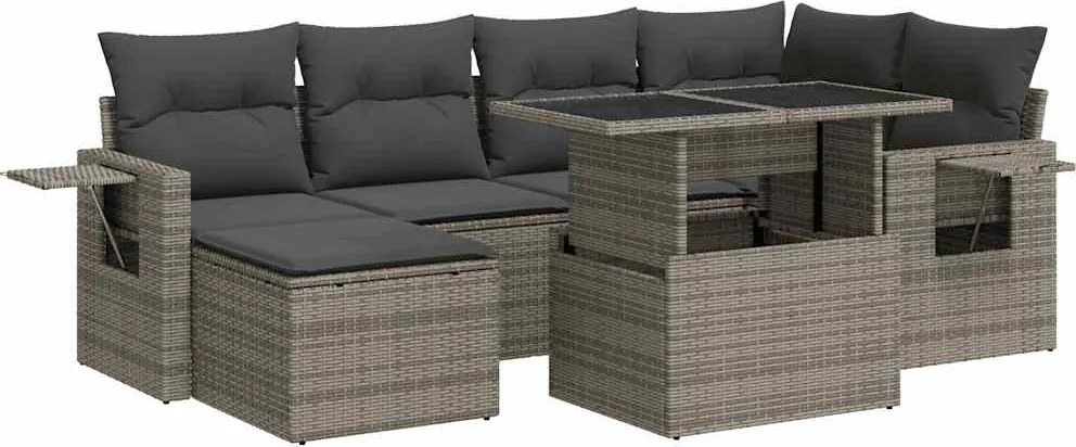 vidaXL 7 részes szürke polyrattan kerti ülőgarnitúra párnákkal