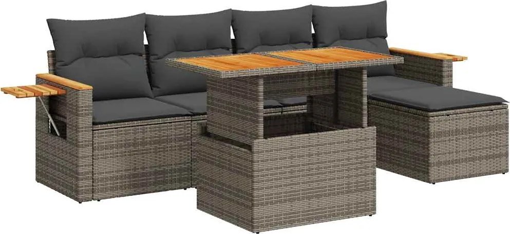 vidaXL 6 részes szürke polyrattan akácfa kerti ülőgarnitúra párnákkal