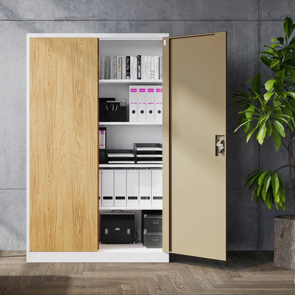 Fém irodai iratszekrény, széles, fehér/arany tölgy, 1150x1850x400 mm: JAN II Eco Design
