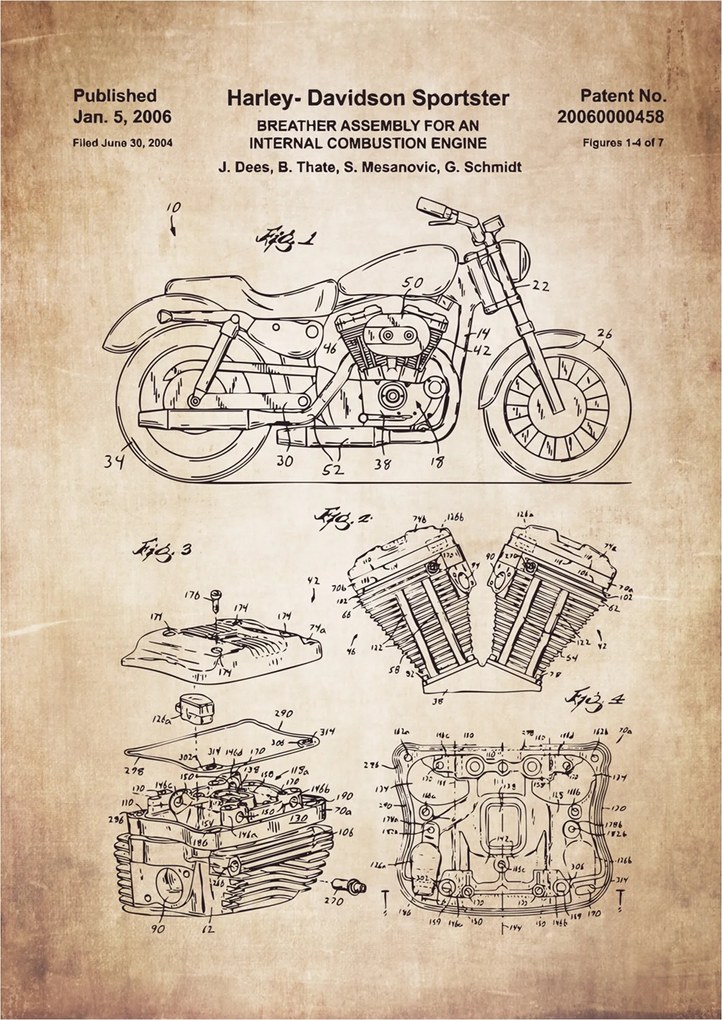 Poszter Harley-Davidson Sportster Motor Retro Patent Séma