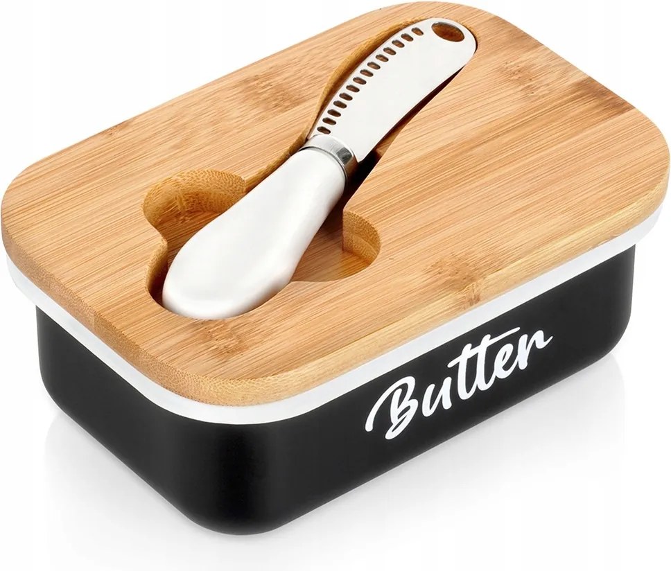 Vajtartó Fekete zárható vajtartó bambusz fedéllel vajvágó kés