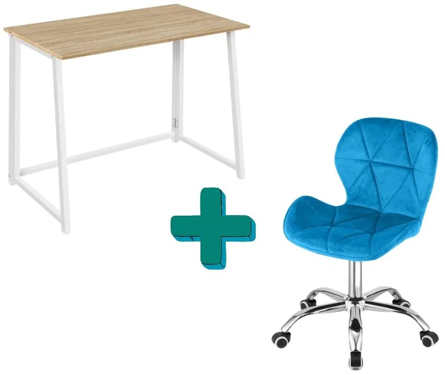 Dolgozószobai szett – összecsukható íróasztal ZARIMO 80×40 cm fehér + irodai szék AVOLA VELVET kék