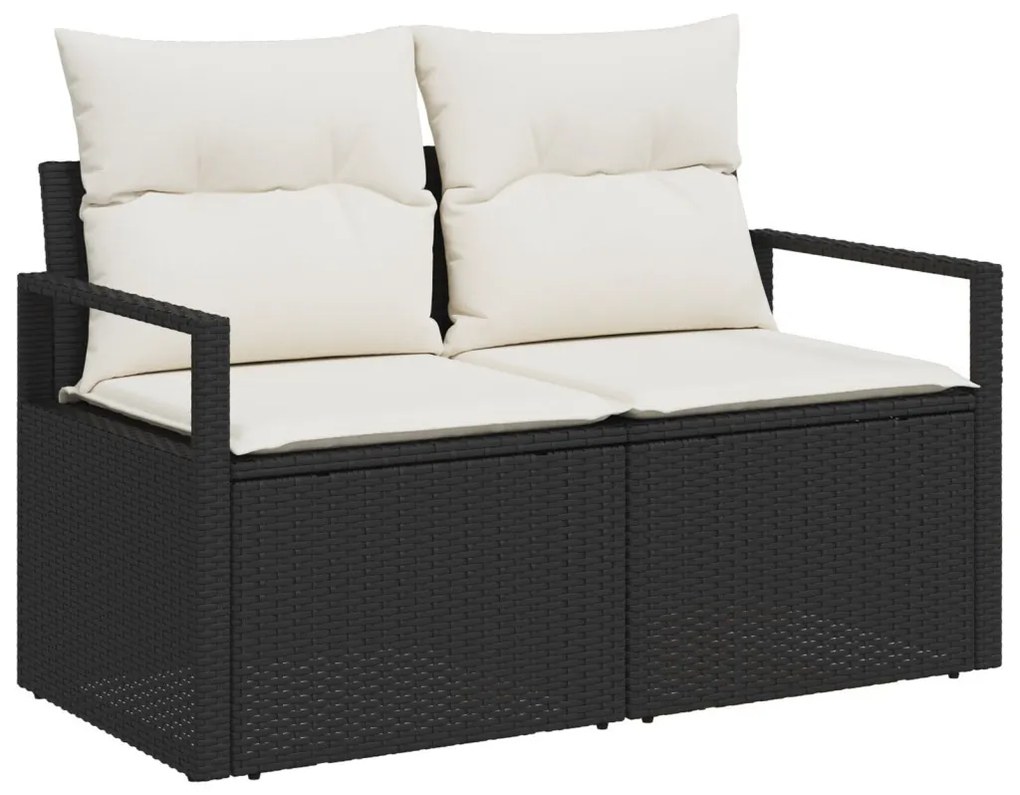 6 Részes Kert Sofa Készlet Párnákkal, Fekete Polirattan, Akác, 2-Személyes Kert Sofa Párnákkal, Fekete Polirattan