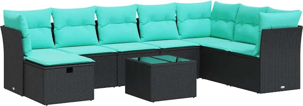 vidaXL 9 részes fekete polyrattan kerti ülőgarnitúra párnákkal