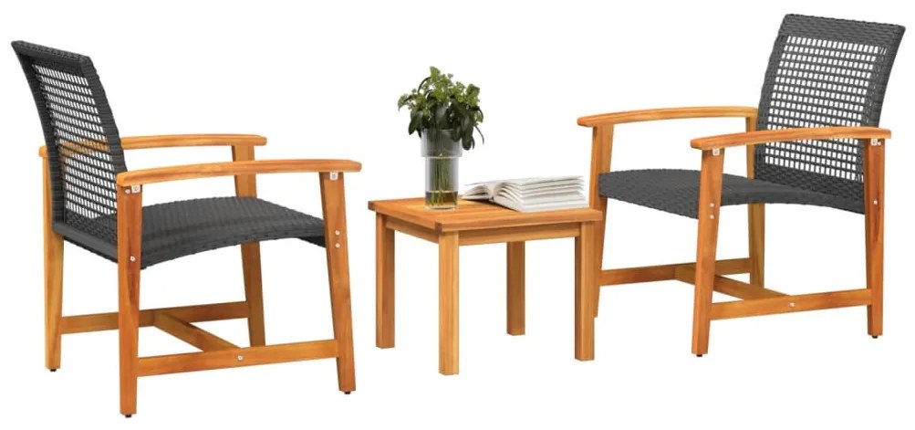 3 részes fekete polyrattan és akácfa bisztrószett