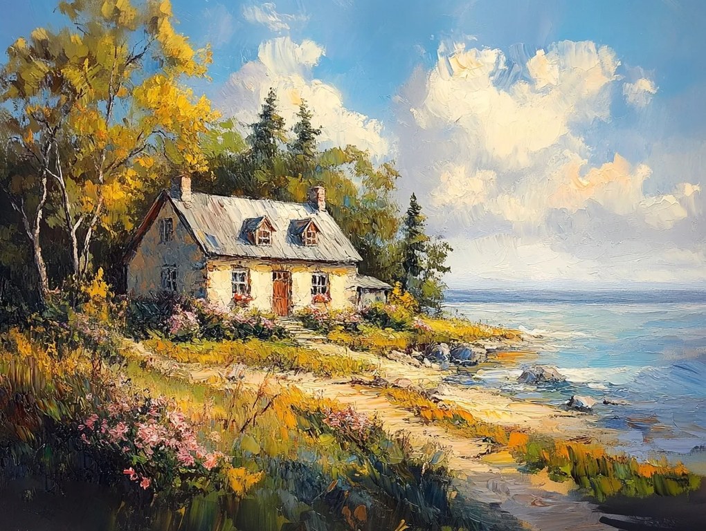 Vászonkép Canvas Tájkép Ház Tengerpart Virágok Hygge 100x75