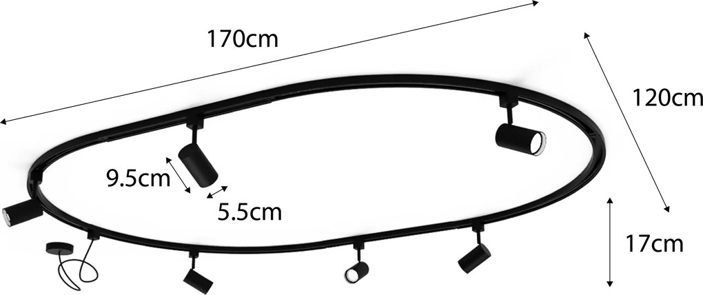 Modern sínrendszer 6 fekete spotlámpával, 1 fázisú, ovális 100 cm - Iconic Jeana