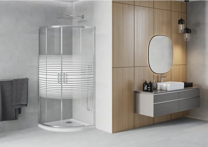Mexen Rio 80 x 80 cm félköríves zuhanykabin, fehér csíkok, króm + Flat zuhanytálca, fehér - 863-080-080-01-20-4110