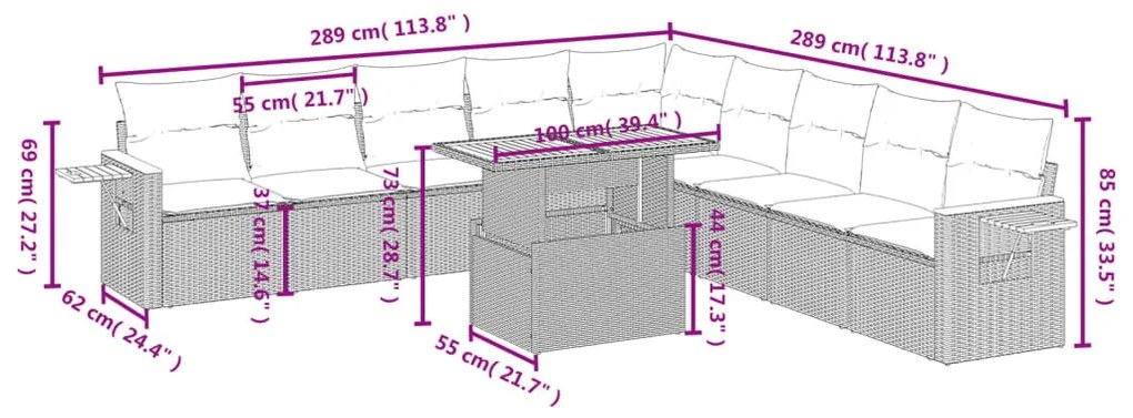 11 részes szürke polyrattan kerti ülőgarnitúra párnákkal