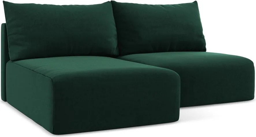 Sötétzöld bársony kinyitható-tárolóhelyes sarokkanapé (bal oldali-heverő résszel) Kalena – Makamii
