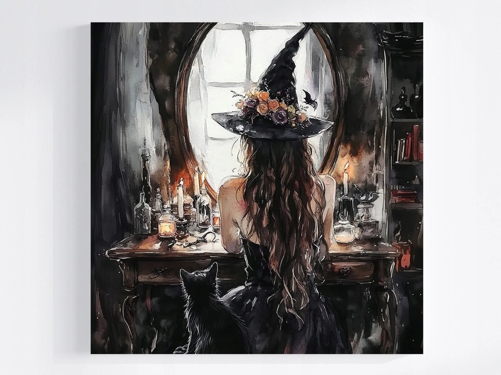 Canvas Vászonkép Boszorkány Figura Boszorkány Macska Tükör Szépség 80x80