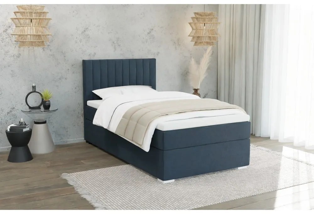 Sötétkék kárpitozott ágyneműtartós egyszemélyes ágy ágyráccsal 80x200 cm Bunny – Ropez