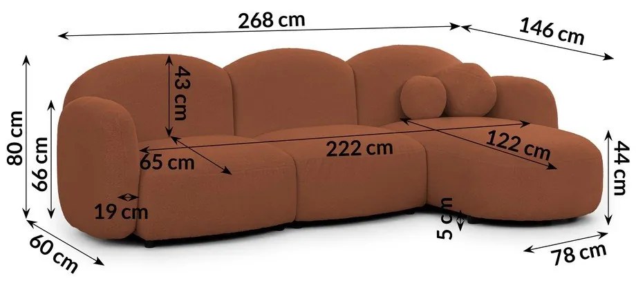 Terrakotta színű buklé sarokkanapé (jobb oldali-heverő résszel) Orbit – Ropez