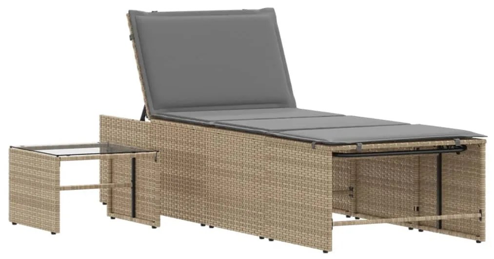 2 db bézs polyrattan napozóágy asztallal