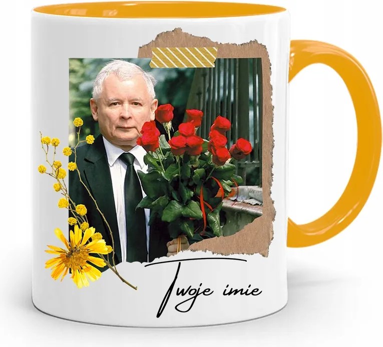 Sárga Bögre Jaroslaw Kaczynski Pis Elnök Ajándéka fényképes nyomtatással