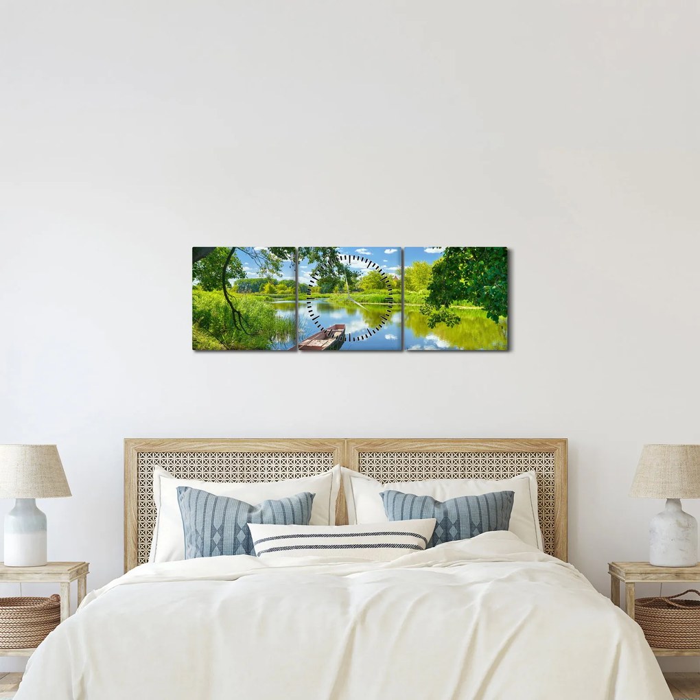 Egy nyári folyó képe hajóval (órával) (90x30 cm)