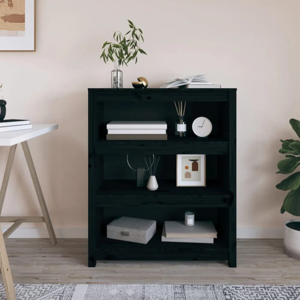 fekete tömör fenyőfa könyvszekrény 80x35x97 cm