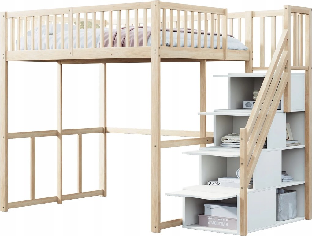 Emeletes ágy Gyerekágy Szekrény Lépcsős szekrény 140x200cm Fenyő fehér
