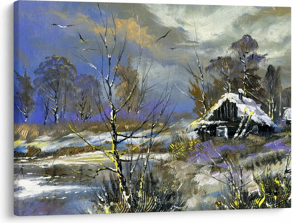 Téli tájon lévő házikó képe, olajfestmény (70x50 cm)