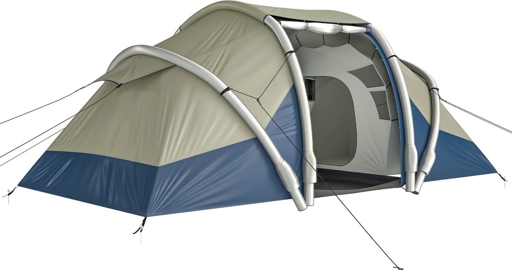 Outsunny felfújható 4 személyes sátor — Gyorsan felállítható kempingsátor légszivattyúval, 2 háló, szúnyoghálós ablakok, fluoreszkáló leszorító karók,