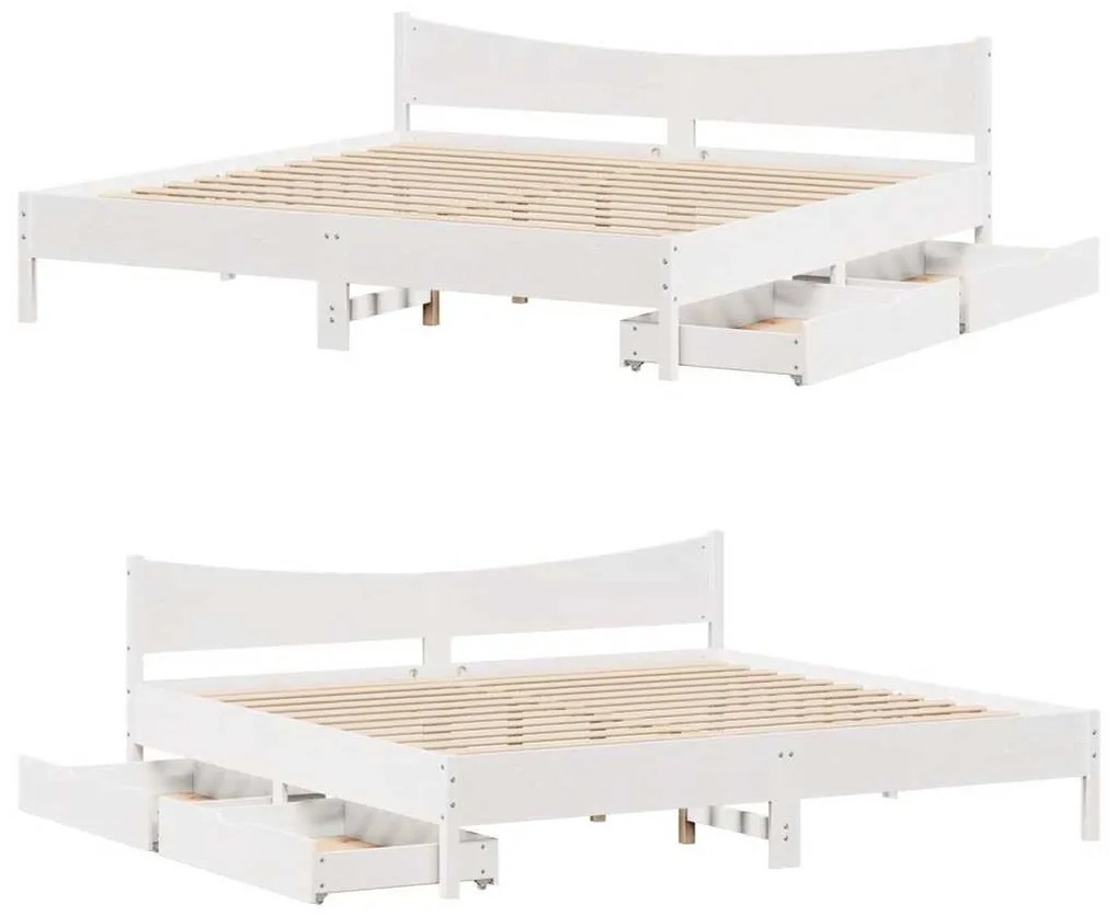 fehér tömör fenyőfa ágykeret fiókokkal 200 x 200 cm
