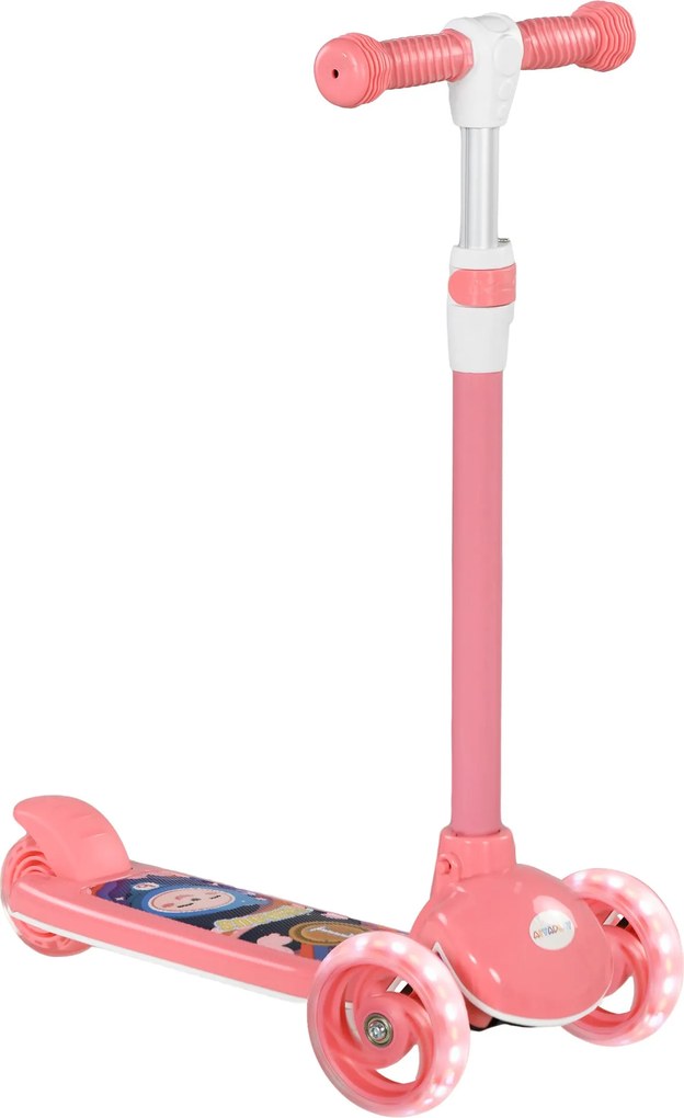 AIYAPLAY Gyermek Roller 2-6 Éves Gyerekeknek 3 Kerekű LED Fényekkel, Állítható Magassággal, Terhelhetőség 25 kg, 52x29x63-76 cm, Rózsaszín | Aosom
