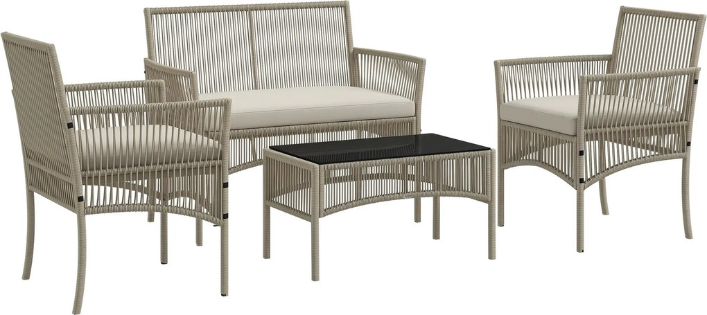 Outsunny 4 részes Rattan Kerti Bútor Szett – 1 Kétszemélyes Kanapéval, 2 Karosszékkel és 1 Üveg Asztallal, Kültéri Khaki | Aosom