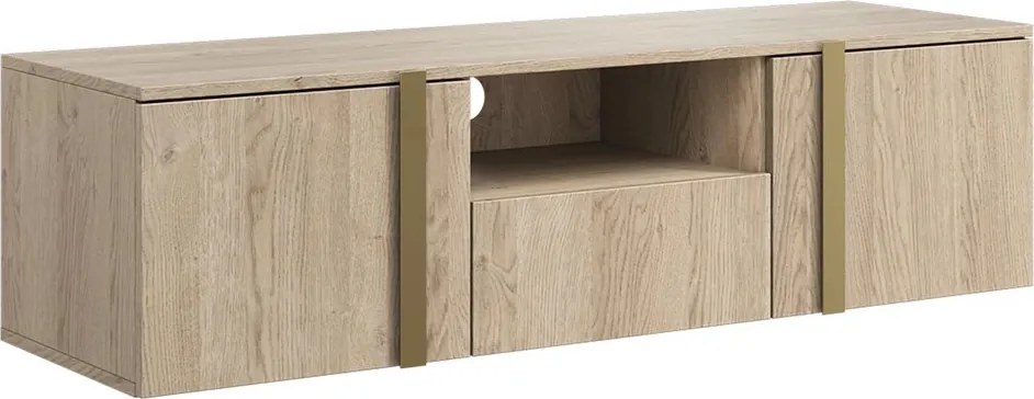 Verica 150 cm-es TV-szekrény, falra szerelhető, nyitott polccal - szivacsos-tölgy / arany fogantyúk