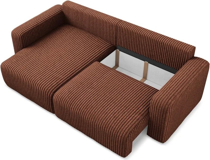 Terrakotta színű kordbársony kinyitható-tárolóhelyes sarokkanapé (bal oldali-heverő résszel) Kona – Makamii