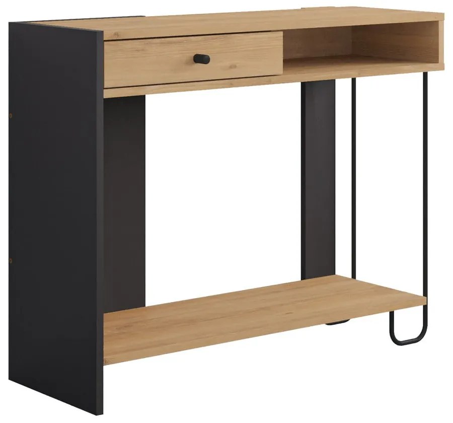 Fekete-natúr színű konzolasztal tölgyfa dekoros asztallappal 35x100 cm Saturne – Marckeric